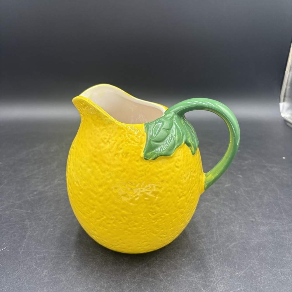 Yellow Lemon Stoneware Pitcher Green Stem Handle, Decorative Jar, Holds 48 fl oz